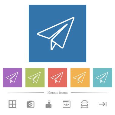 Kağıt uçak kare arkaplanlarda düz beyaz simgeler çiziyor. 6 bonus simgesi dahil.