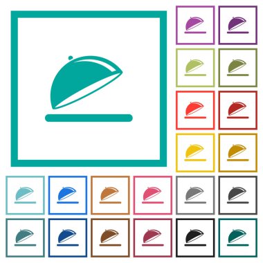 Beyaz arkaplanda çeyrek çerçeve içeren parlatıcı düz renk simgelerine sahip yemek tepsisini aç