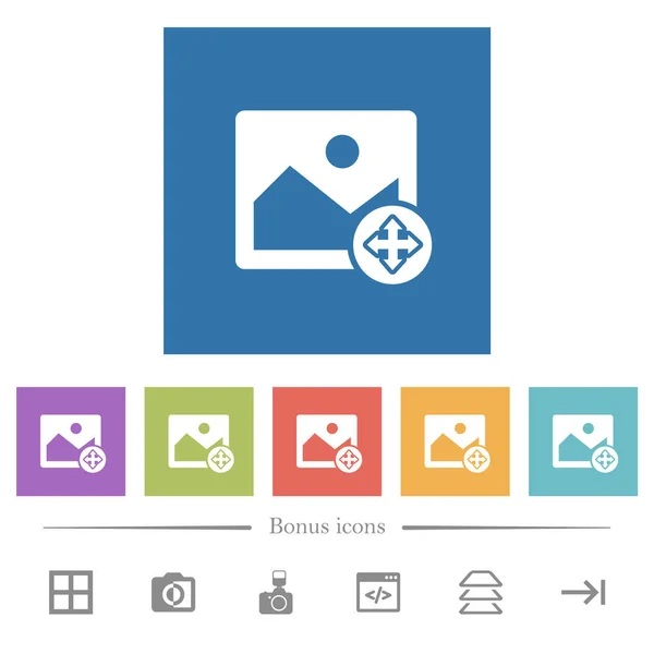 Flytta Bild Platt Vita Ikoner Fyrkantiga Bakgrunder Bonussymboler Ingår — Stock vektor