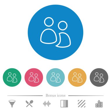 Kullanıcı grubu düz beyaz simgeleri yuvarlak renkli arkaplanlarda özetliyor. 6 bonus simgesi dahil.