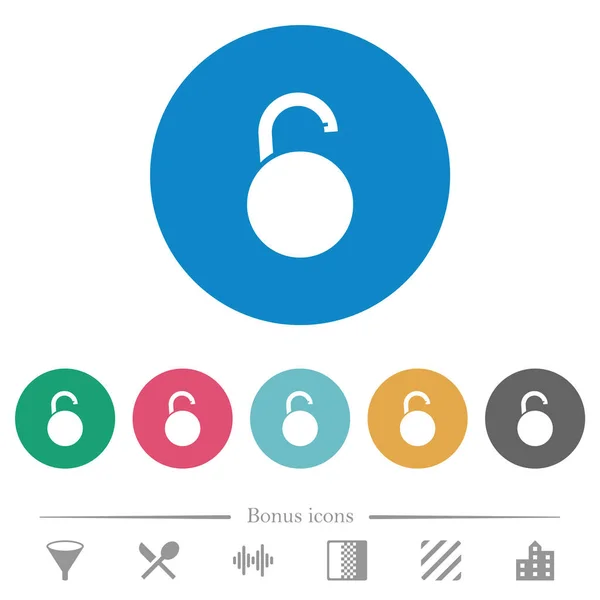 丸い色の背景に丸い南京錠フラット白のアイコンをロック解除します ボーナスアイコン6種 — ストックベクタ