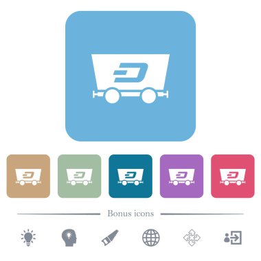 Dash criptocurrency madencilik beyaz düz simgeler üzerinde renkli yuvarlak kare arka planlar. 6 bonus simgesi dahil