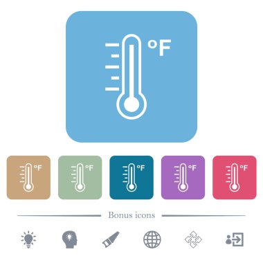 Fahrenheit termometresi. Renkli yuvarlak kare arka planlarda beyaz düz ikonlar. 6 bonus simgesi dahil