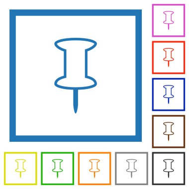 Beyaz arkaplanda kare çerçevelerdeki pin ana hatlı düz renk simgelerine bas