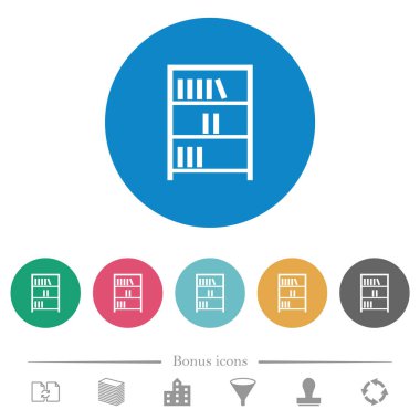 Yuvarlak renkli arka planlarda düz beyaz simgelerin yer aldığı kitaplık. 6 bonus simgesi dahil.