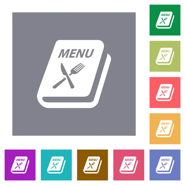 Menú Con Tenedor Cuchillo Iconos Planos Sobre Fondos Cuadrados Color — Vector de stock