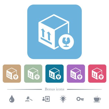 Renkli yuvarlak kare arkaplan üzerinde kırılgan paket beyaz düz simgeler. 6 bonus simgesi dahil