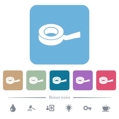 Renkli yuvarlak kare arkaplanlarda beyaz renkli simgeler izole ediliyor. 6 bonus simgesi dahil