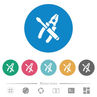 Yuvarlak renkli arka planda birleştirilmiş pense ve tornavida düz beyaz simgeler. 6 bonus simgesi dahil.