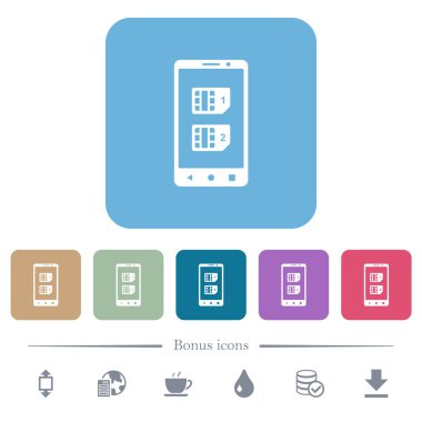 Renkli yuvarlak kare arkaplanlı çift SIM mobil beyaz düz simgeler. 6 bonus simgesi dahil