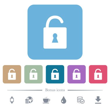 Renkli yuvarlak kare arkaplan üzerinde beyaz simgelerle kilit kilidini aç. 6 bonus simgesi dahil