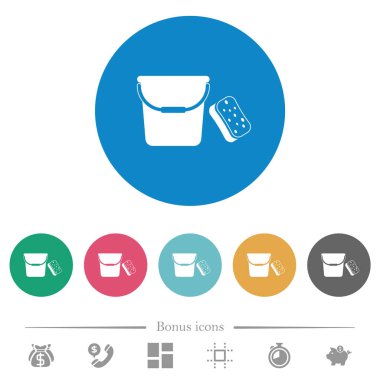 Kova ve sünger düz beyaz simgeler yuvarlak renkli arka planlar. 6 bonus simgesi dahil.