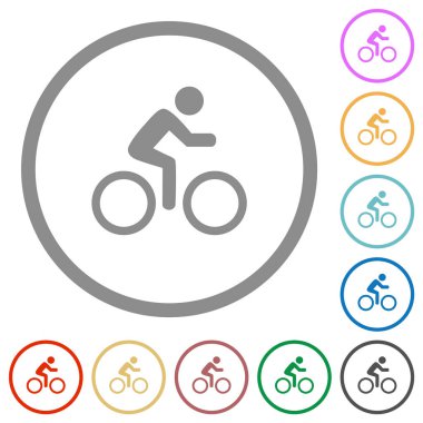 Beyaz arkaplanda yuvarlak çizgilerde binici düz renk simgelerine sahip bisiklet