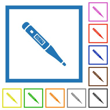 Beyaz arkaplan üzerindeki kare çerçevelerde dijital termometre düz renk simgeleri