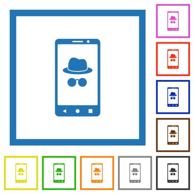 Beyaz arkaplan üzerindeki kare çerçevelerde mobil kılık değiştirmiş düz renk simgeleri