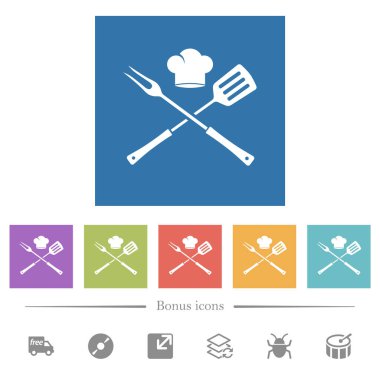 Barbekü çatalı ve şefin şapkasıyla kare arkaplanda beyaz simgeler. 6 bonus simgesi dahil.