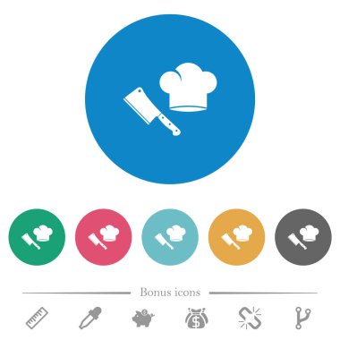 Et bıçağı ve aşçı şapkası, yuvarlak renkli arka planda düz beyaz simgeler. 6 bonus simgesi dahil.