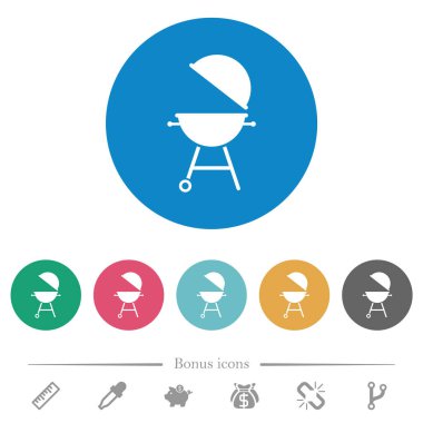 Açık kapaklı, yuvarlak renkli beyaz simgelerle ızgara ızgara. 6 bonus simgesi dahil.