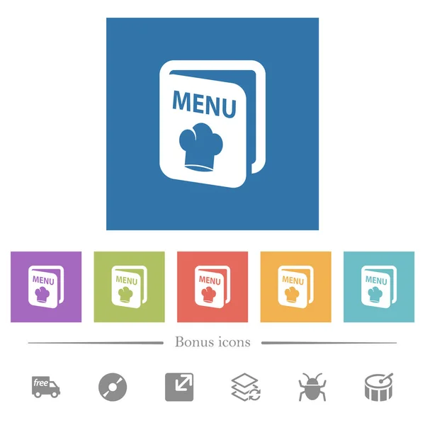 Menü Mit Kochmütze Flache Weiße Symbole Quadratischen Hintergründen Bonussymbole Enthalten — Stockvektor