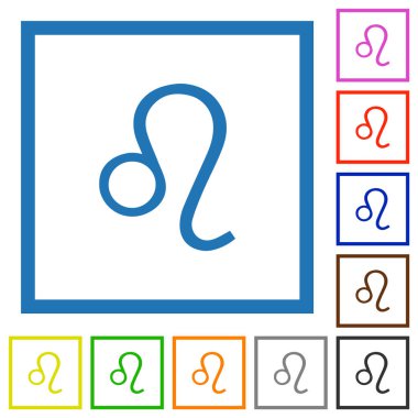 Leo zodyak sembolü beyaz arkaplanda kare çerçeveli düz renk simgeleri