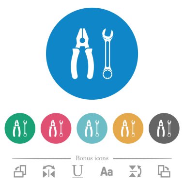 Yuvarlak renkli arka planda birleştirilmiş pense ve İngiliz anahtarı düz beyaz simgeleri. 6 bonus simgesi dahil.