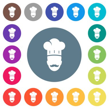 Bıyıklı usta şef, düz beyaz simgeler ve yuvarlak renkli arka planlar. 17 arkaplan renk varyasyonu dahil.