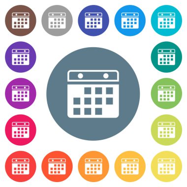 Takvim, yuvarlak renk arkaplanlarında düz beyaz simgeler asılıyor. 17 arkaplan renk varyasyonu dahil.