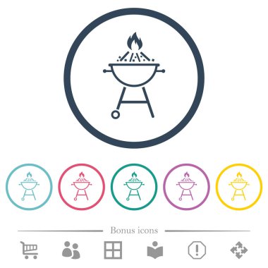 Barbekü mangalının düz renkli simgelerini yuvarlak hatlarla yakmak. 6 bonus simgesi dahil.