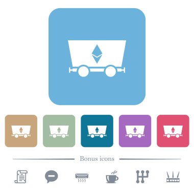 Ethereum kripto para birimi beyaz düz simgeleri renkli yuvarlak kare arka planlar üzerinde madencilik. 6 bonus simgesi dahil