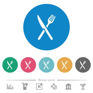 Çatal ve bıçak kesişen pozisyonlarda yuvarlak renkli arka planlarda düz beyaz simgeler. 6 bonus simgesi dahil.