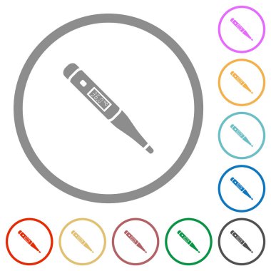 Beyaz arkaplanda yuvarlak hatlı dijital termometre düz renk simgeleri