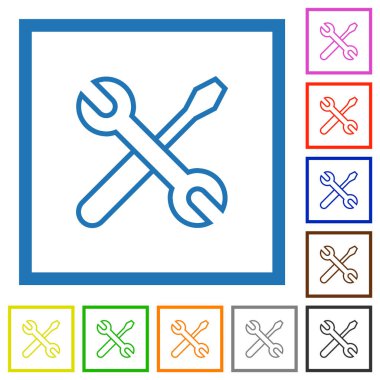 Çapraz anahtar ve tornavida ana hatları düz renk simgeleri beyaz arkaplan üzerindeki kare çerçeveler