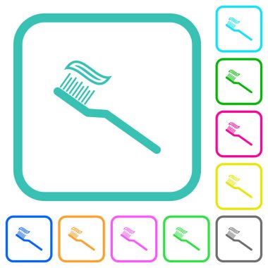 Diş fırçası ile beyaz zemin üzerinde kıvrımlı sınırlarda canlı renkli düz simgeler