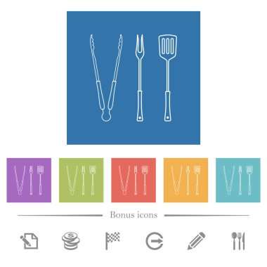 Barbekü maşası, çatal ve kare arkaplanda düz beyaz simgeler. 6 bonus simgesi dahil.