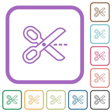 Makas ile kes, beyaz arkaplanda basit simgeleri renkli yuvarlak kare çerçevelerle çiz