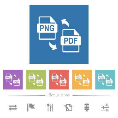 PNG PDF dosya dönüştürme kare arkaplan içinde düz beyaz simgeler. 6 bonus simgesi dahil.