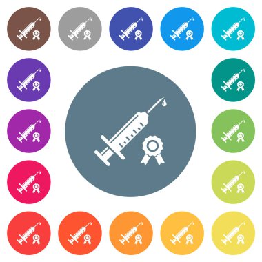 Sertifikalı aşı düz beyaz simgeler, yuvarlak renkli arka planlar. 17 arkaplan renk varyasyonu dahil.