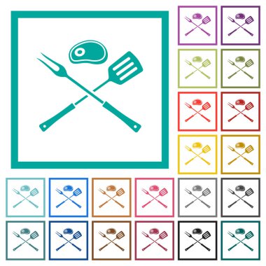 Mangal çatalı ve spatula, beyaz arkaplanda çeyrek çerçeve olan düz renkli biftek simgeleri.