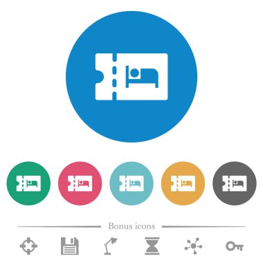 Yuvarlak renkli arka planlarda konaklama indirimi kuponu düz beyaz simgeler. 6 bonus simgesi dahil.