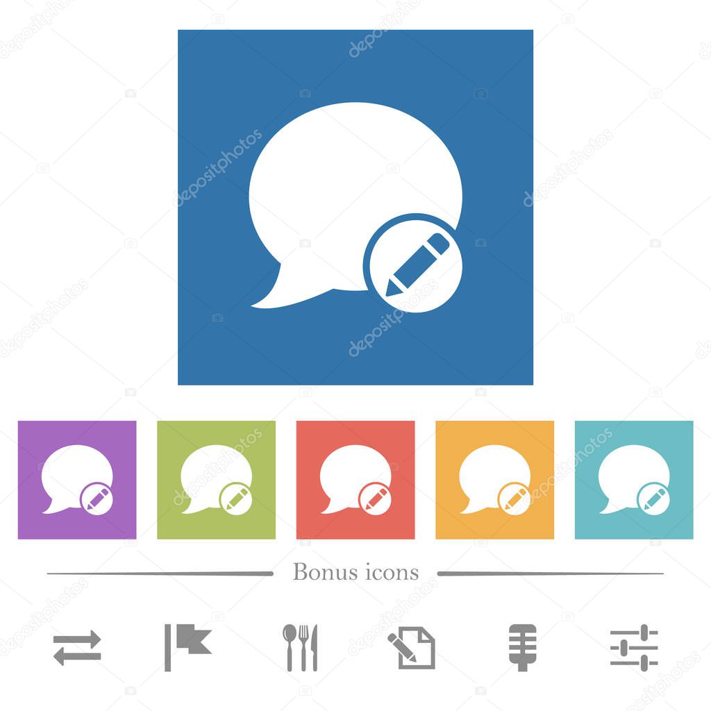 Moderate blog comment flat white icons in square backgrounds. 6 bonus icons included.