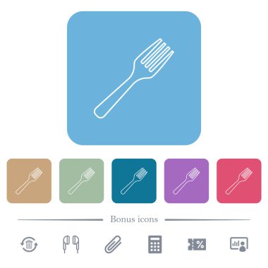 Renkli yuvarlak kare arkaplan üzerinde tek çatal beyaz düz simgeler. 6 bonus simgesi dahil