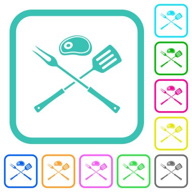 Mangal çatalı ve spatula. Beyaz arka planda kıvrımlı kenarlarda canlı renkli düz ikonlar.