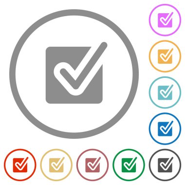 Checked box flat color icons in round outlines on white background