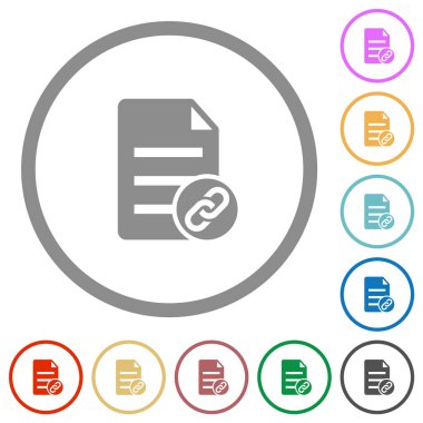 Attach document solid flat color icons in round outlines on white background