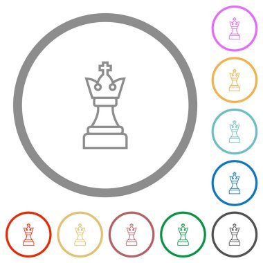 White chess king flat color icons in round outlines on white background