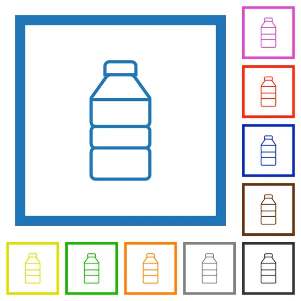 Water Bottle Outline Flat Color Icons Square Frames White Background — Stok Vektör