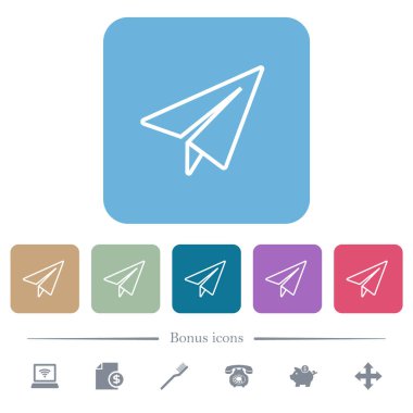 Kağıt uçak, yuvarlak renkli kare arkaplan üzerine beyaz düz simgeler çiziyor. 6 bonus simgesi dahil