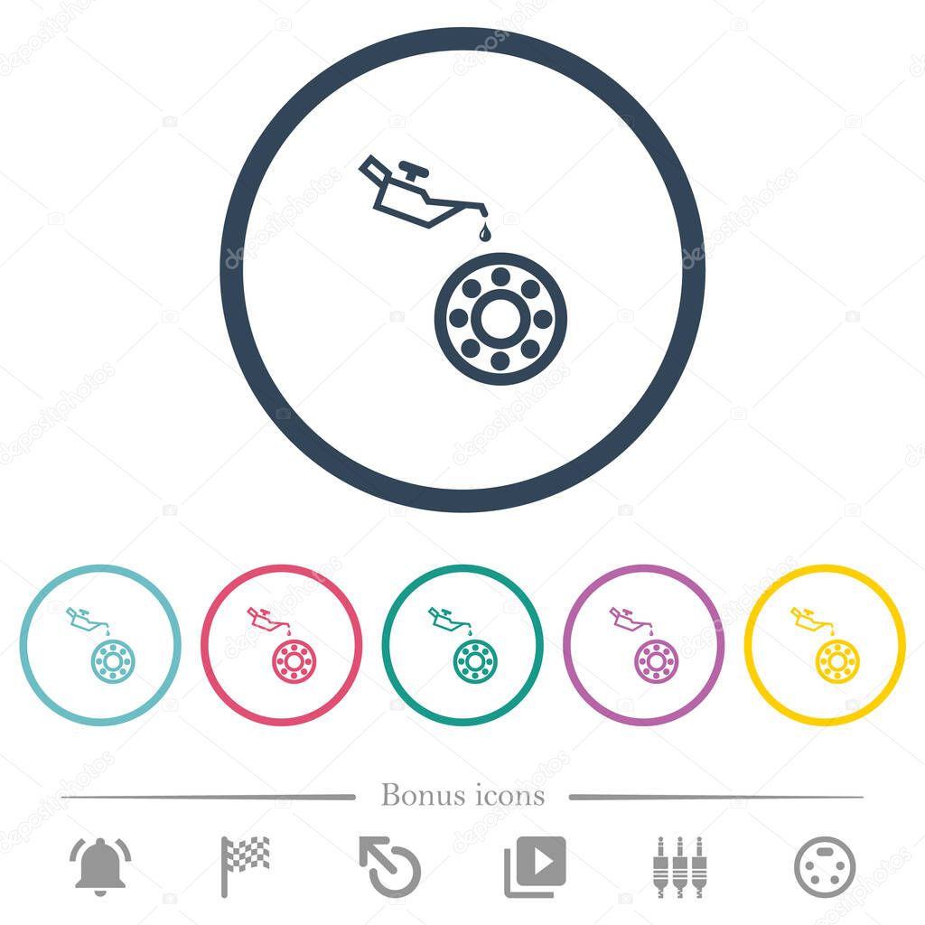 Oiler can and bearings flat color icons in round outlines. 6 bonus icons included.