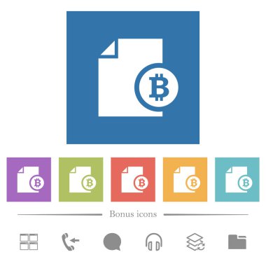 Bitcoin finansal raporları kare arkaplanlarda düz beyaz simgeler. 6 bonus simgesi dahil.