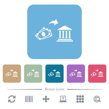 Bankanın beyaz simgelerine nakit para yatırılmış. Renkli yuvarlak kare arka planlarda. 6 bonus simgesi dahil